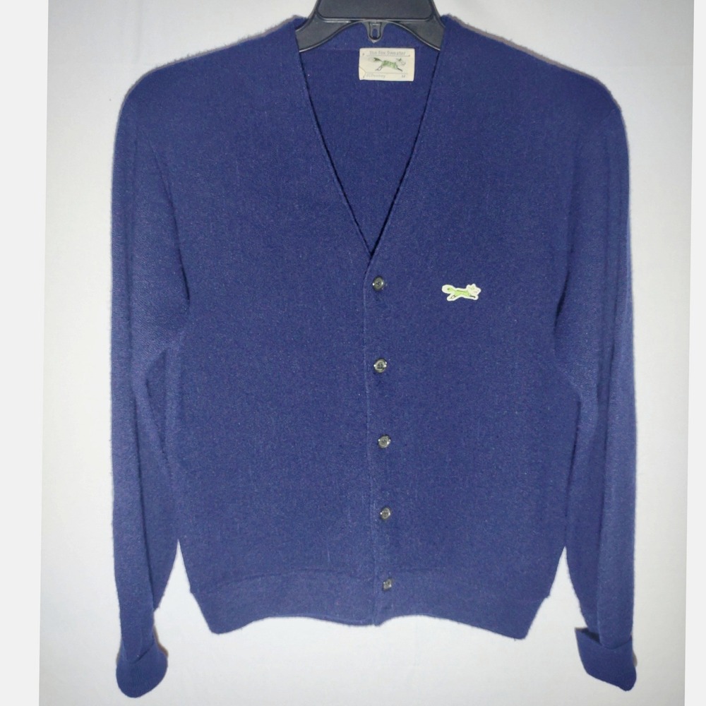 Vintage The Fox Sweater Mens Blue V Neck Button Cardigan JCPenney Medium